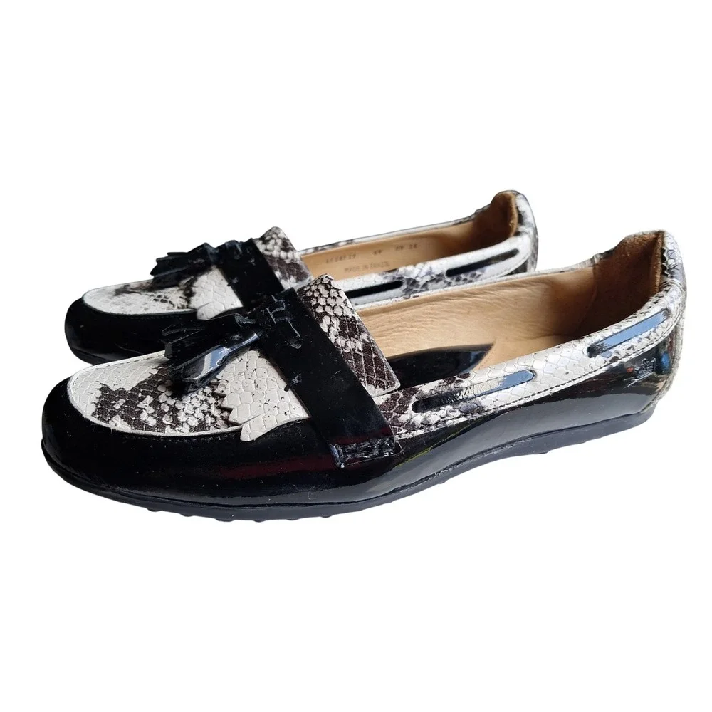 Peter Millar Womens Snake Print Tassel Driving Loafers Black White Patent 6M